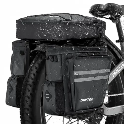 GAVTON 3-in-1 waterproof bike pannier bag set shown in black, convertible between panniers, shoulder bag, and backpack modes