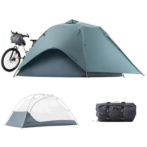 Montiro Wander Hawk teal green two-person tent with handlebar bag
