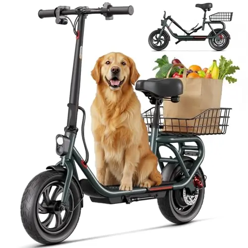 TST electric scooter with adjustable seat and front basket for adults