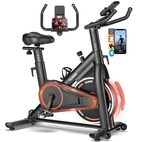 SLUNSE upright stationary bike in black and red with a digital monitor and water bottle holder.