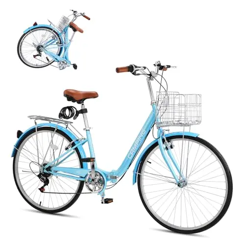 CamPingSurvivals blue foldable 26-inch women's cruiser bicycle.