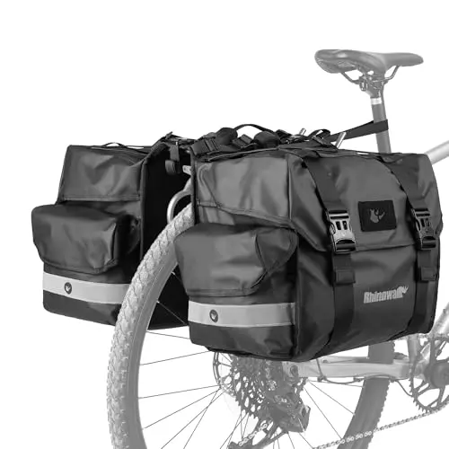 Rhinowalk 40L heavy-duty bike pannier bag with rain cover, shown mounted on a bicycle rear rack