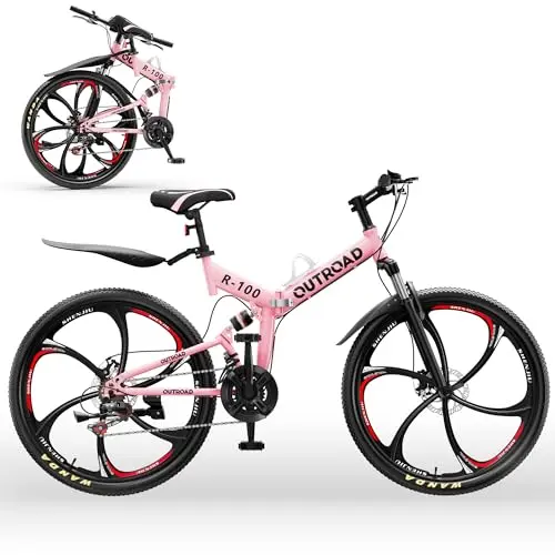 Outroad folding mountain bike for adults in pink with full suspension and disc brakes.