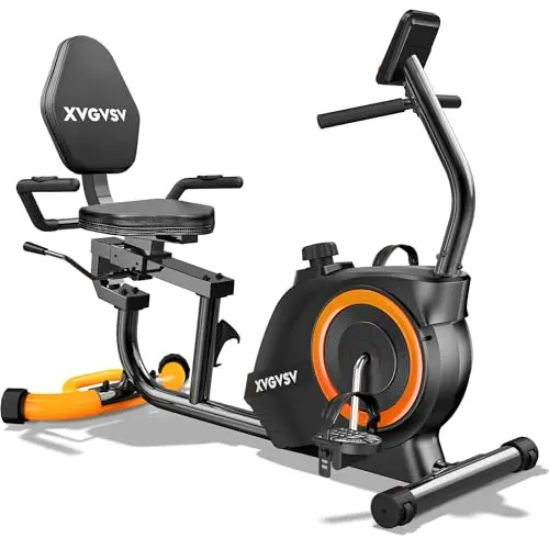 XVGVSV recumbent stationary bike in orange and black with a padded seat and LCD monitor.