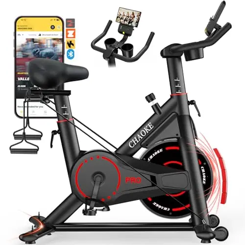 CHAOKE Pro exercise bike with red accents and dumbbell rack