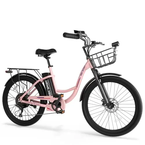 DDC SPORT pink step-through electric bike with front basket, ideal for shorter riders