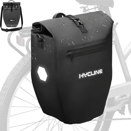 Hycline 28L waterproof bicycle pannier bag with reflective strips, showing roll-top closure and mounting system