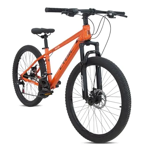CYBIC orange mountain bike with front suspension and disc brakes on a dirt trail