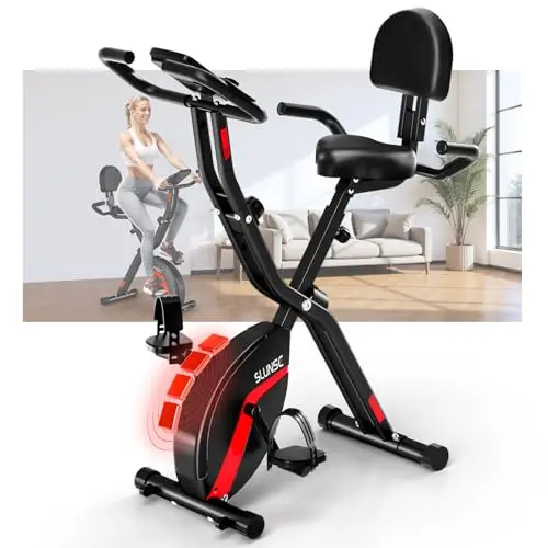 SLUNSE 4 IN 1 black and red foldable exercise bike in a home setting