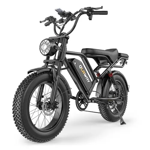 Qlaway gray fat tire electric motorcycle-style bike with full suspension.