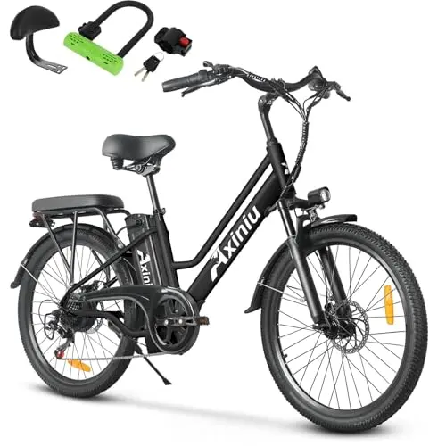 Axiniu black step-through electric bike for women with 24-inch wheels