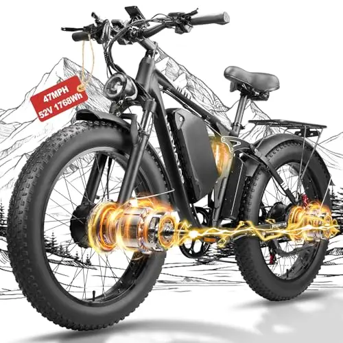 LPQVIATAS dual motor electric bike with black frame, fat tires, and full suspension