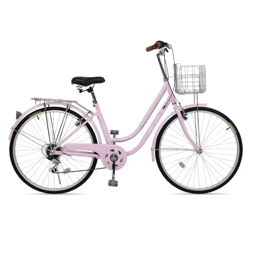 CamPingSurvivals pink 26-inch beach cruiser bike with a wide seat.