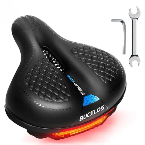 BUCKLOS blue wide bicycle seat with built-in LED tail light