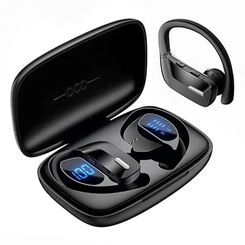 occiam sport wireless earbuds with earhooks and charging case in black