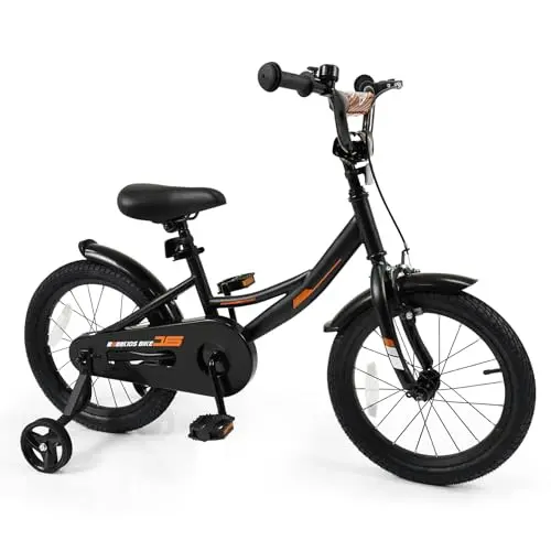 BABY JOY 16-inch black kids bike with training wheels and dual brake system