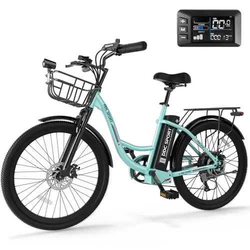 DDC SPORT blue step-through electric cruiser bike with front basket