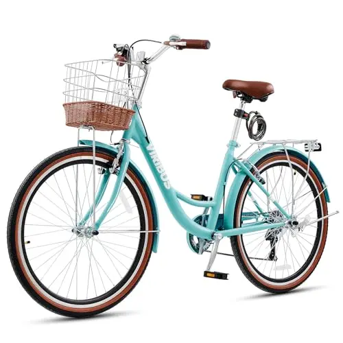 Viribus 26 inch turquoise blue beach cruiser bike with a stylish rattan front basket