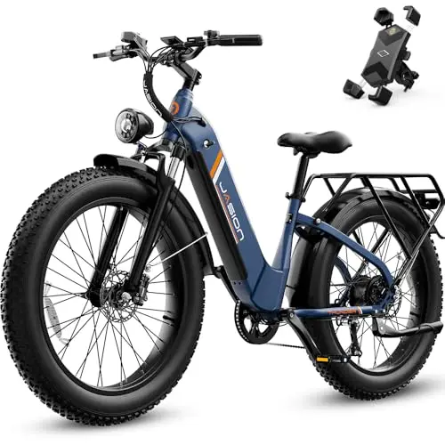 Jasion Thunder blue electric bike with fat tires and cargo rack
