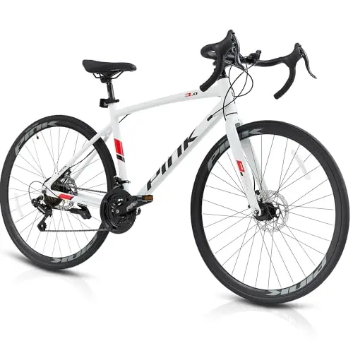 Pipleo white and gray road bike with a lightweight aluminum frame and dual disc brakes.