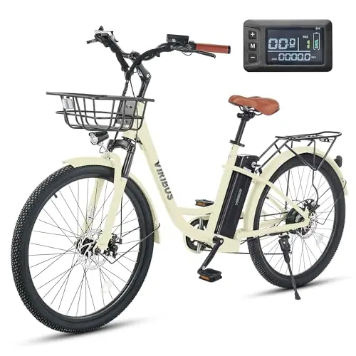 VIRIBUS Cream White step-through electric cruiser bike with wicker front basket