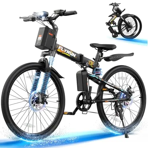 FLYRUN black and yellow 26-inch folding electric bike.